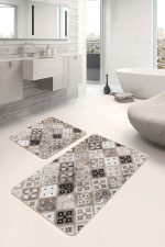 - PaspasTakimi-2li-Set1054-Gorsel-1 - Realhomes 2'li Set Kahverengi - Krem Zeminde Etnik Motifli Geleneksel Desenli Geometrik Etnik Motifler 2'li Banyo & Mutfak Paspas Takımı Realhomes