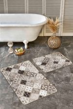 - Realhomes - Realhomes 2'li Set Kahverengi - Krem Zeminde Etnik Motifli Geleneksel Desenli Geometrik Etnik Motifler 2'li Banyo & Mutfak Paspas Takımı Realhomes