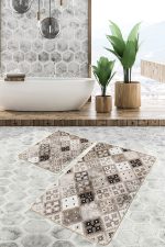 - PaspasTakimi-2li-Set1054-Gorsel-2 - Realhomes 2'li Set Kahverengi - Krem Zeminde Etnik Motifli Geleneksel Desenli Geometrik Etnik Motifler 2'li Banyo & Mutfak Paspas Takımı Realhomes