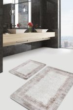 - PaspasTakimi-2li-Set1055-Gorsel-4 - Realhomes  2'li Set Krem - Bej Zeminde Çerçeveli Motifli Dokuma Desenli Sade & Şık Eskitme Motifli  2'li Banyo & Mutfak Paspas Takımı Realhomes