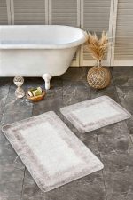 - Realhomes - Realhomes  2'li Set Krem - Bej Zeminde Çerçeveli Motifli Dokuma Desenli Sade & Şık Eskitme Motifli  2'li Banyo & Mutfak Paspas Takımı Realhomes