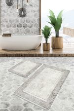 2'li Set Bej Zeminde Çerçeveli Motifli Antik Desenli Geometrik Klasik  2'li Banyo & Mutfak Paspas Takımı Realhomes