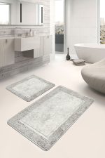 2'li Set Bej Zeminde Çerçeveli Motifli Antik Desenli Geometrik Klasik  2'li Banyo & Mutfak Paspas Takımı Realhomes