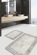 2'li Set Bej Zeminde Çerçeveli Motifli Antik Desenli Geometrik Klasik  2'li Banyo & Mutfak Paspas Takımı Realhomes