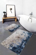 - PaspasTakimi-2li-Set1057-Gorsel-1 - Realhomes 2'li Set Mavi - Krem Zeminde Dokuma Halı Motifli Çiçek Desenli Floral Eskitme Motifli 2'li Banyo & Mutfak Paspas Takımı Realhomes