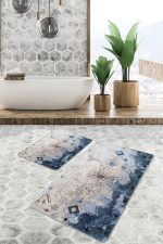 - PaspasTakimi-2li-Set1057-Gorsel - Realhomes 2'li Set Mavi - Krem Zeminde Dokuma Halı Motifli Çiçek Desenli Floral Eskitme Motifli 2'li Banyo & Mutfak Paspas Takımı Realhomes
