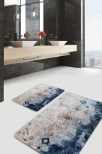 - PaspasTakimi-2li-Set1057-Gorsel-2 - Realhomes 2'li Set Mavi - Krem Zeminde Dokuma Halı Motifli Çiçek Desenli Floral Eskitme Motifli 2'li Banyo & Mutfak Paspas Takımı Realhomes