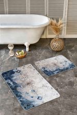 - Realhomes - Realhomes 2'li Set Mavi - Krem Zeminde Dokuma Halı Motifli Çiçek Desenli Floral Eskitme Motifli 2'li Banyo & Mutfak Paspas Takımı Realhomes