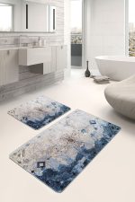 - PaspasTakimi-2li-Set1057-Gorsel-5 - Realhomes 2'li Set Mavi - Krem Zeminde Dokuma Halı Motifli Çiçek Desenli Floral Eskitme Motifli 2'li Banyo & Mutfak Paspas Takımı Realhomes