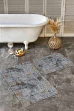 - Realhomes - Realhomes  2'li Set Gri Zeminde Eskitme Motifli Kanvas Desenli Eskitme Motifli Vintage  2'li Banyo & Mutfak Paspas Takımı Realhomes