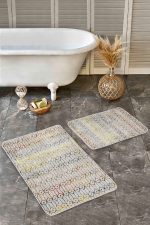 - Realhomes - Realhomes  2'li Set Krem - Ekru Zeminde Etnik Motifli Kilim Desenli Etnik Motifler Eskitme Motifli  2'li Banyo & Mutfak Paspas Takımı Realhomes