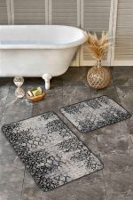 - Realhomes - Realhomes  2'li Set Siyah - Gri Zeminde Eskitme Motifli Antik Desenli Eskitme Motifli Geometrik  2'li Banyo & Mutfak Paspas Takımı Realhomes