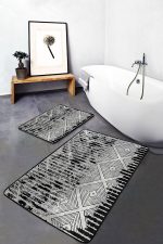 2'li Set Siyah - Gri Zeminde Eskitme Motifli Kilm Desenli Eskitme Motifli Geometrik  2'li Banyo & Mutfak Paspas Takımı Realhomes