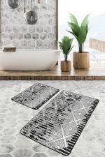 2'li Set Siyah - Gri Zeminde Eskitme Motifli Kilm Desenli Eskitme Motifli Geometrik  2'li Banyo & Mutfak Paspas Takımı Realhomes