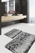 2'li Set Siyah - Gri Zeminde Eskitme Motifli Kilm Desenli Eskitme Motifli Geometrik  2'li Banyo & Mutfak Paspas Takımı Realhomes