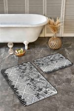 2'li Set Siyah - Gri Zeminde Eskitme Motifli Kilm Desenli Eskitme Motifli Geometrik  2'li Banyo & Mutfak Paspas Takımı Realhomes