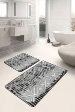 2'li Set Siyah - Gri Zeminde Eskitme Motifli Kilm Desenli Eskitme Motifli Geometrik  2'li Banyo & Mutfak Paspas Takımı Realhomes