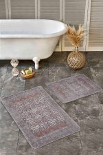 - Realhomes - Realhomes  2'li Set Kahverengi Zeminde Antik Motifli Dokuma Desenli Geometrik Eskitme Motifli  2'li Banyo & Mutfak Paspas Takımı Realhomes