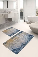 - PaspasTakimi-2li-Set1064-Gorsel-1 - Realhomes 2'li Set Mavi - Krem Zeminde Dokuma Halı Motifli Eskitme Desenli Eskitme Motifli Modern 2'li Banyo & Mutfak Paspas Takımı Realhomes