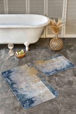 - Realhomes - Realhomes 2'li Set Mavi - Krem Zeminde Dokuma Halı Motifli Eskitme Desenli Eskitme Motifli Modern 2'li Banyo & Mutfak Paspas Takımı Realhomes