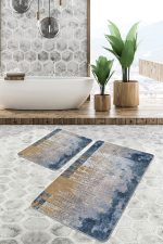 - PaspasTakimi-2li-Set1064-Gorsel-2 - Realhomes 2'li Set Mavi - Krem Zeminde Dokuma Halı Motifli Eskitme Desenli Eskitme Motifli Modern 2'li Banyo & Mutfak Paspas Takımı Realhomes