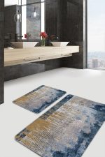 - PaspasTakimi-2li-Set1064-Gorsel-5 - Realhomes 2'li Set Mavi - Krem Zeminde Dokuma Halı Motifli Eskitme Desenli Eskitme Motifli Modern 2'li Banyo & Mutfak Paspas Takımı Realhomes