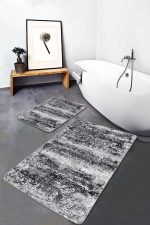 2'li Set Siyah - Beyaz Zeminde Kanvas Motifli Eskitme Desenli Eskitme Motifli Modern  2'li Banyo & Mutfak Paspas Takımı Realhomes