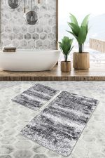 2'li Set Siyah - Beyaz Zeminde Kanvas Motifli Eskitme Desenli Eskitme Motifli Modern  2'li Banyo & Mutfak Paspas Takımı Realhomes