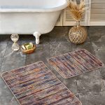 2'li Set Gri - Mor Zeminde Geometrik Motifli Kanvas Desenli Geometrik Eskitme Motifli  2'li Banyo & Mutfak Paspas Takımı Realhomes