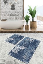 2'li Set Mavi - Beyaz Zeminde Eskitme Motifli Dokuma Halı Desenli Eskitme Motifli Modern  2'li Banyo & Mutfak Paspas Takımı Realhomes