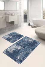 2'li Set Mavi - Beyaz Zeminde Eskitme Motifli Dokuma Halı Desenli Eskitme Motifli Modern  2'li Banyo & Mutfak Paspas Takımı Realhomes