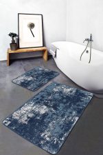 2'li Set Mavi - Beyaz Zeminde Eskitme Motifli Dokuma Halı Desenli Eskitme Motifli Modern  2'li Banyo & Mutfak Paspas Takımı Realhomes