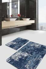 2'li Set Mavi - Beyaz Zeminde Eskitme Motifli Dokuma Halı Desenli Eskitme Motifli Modern  2'li Banyo & Mutfak Paspas Takımı Realhomes
