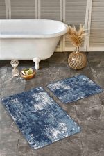 2'li Set Mavi - Beyaz Zeminde Eskitme Motifli Dokuma Halı Desenli Eskitme Motifli Modern  2'li Banyo & Mutfak Paspas Takımı Realhomes