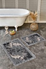 - Realhomes - Realhomes 2'li Set Siyah - Krem Zeminde Pers Motifli Antik Desenli Avangarde Vintage 2'li Banyo & Mutfak Paspas Takımı Realhomes