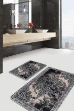 - PaspasTakimi-2li-Set1069-Gorsel - Realhomes 2'li Set Siyah - Krem Zeminde Pers Motifli Antik Desenli Avangarde Vintage 2'li Banyo & Mutfak Paspas Takımı Realhomes