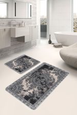 - PaspasTakimi-2li-Set1069-Gorsel-2 - Realhomes 2'li Set Siyah - Krem Zeminde Pers Motifli Antik Desenli Avangarde Vintage 2'li Banyo & Mutfak Paspas Takımı Realhomes