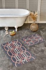 - Realhomes - Realhomes  2'li Set Kremit - Gri Zeminde Geometrik Motifli Örgü Desenli Geometrik Sade & Şık  2'li Banyo & Mutfak Paspas Takımı Realhomes