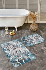 - Realhomes - Realhomes  2'li Set Mavi - Kırmızı Zeminde Kanvas Motifli Geometrik Desenli Modern Geometrik  2'li Banyo & Mutfak Paspas Takımı Realhomes