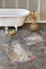 - Realhomes - Realhomes 2'li Set Kanvas Zeminde Suluboya Motifli Eskitme Desenli Eskitme Motifli Modern 2'li Banyo & Mutfak Paspas Takımı Realhomes