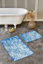 - Realhomes - Realhomes  2'li Set Mavi Zeminde Kanvas Motifli Geometrik Desenli Eskitme Motifli Geometrik  2'li Banyo & Mutfak Paspas Takımı Realhomes