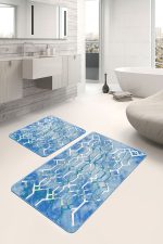 - PaspasTakimi-2li-Set1074-Gorsel-4 - Realhomes  2'li Set Mavi Zeminde Kanvas Motifli Geometrik Desenli Eskitme Motifli Geometrik  2'li Banyo & Mutfak Paspas Takımı Realhomes