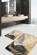 - PaspasTakimi-2li-Set1076-Gorsel-1 - Realhomes 2'li Set Gold Zeminde Çerçeveli Motifli Mermer Desenli Klasik Avangarde 2'li Banyo & Mutfak Paspas Takımı Realhomes