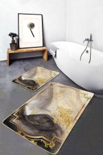 - PaspasTakimi-2li-Set1076-Gorsel - Realhomes 2'li Set Gold Zeminde Çerçeveli Motifli Mermer Desenli Klasik Avangarde 2'li Banyo & Mutfak Paspas Takımı Realhomes