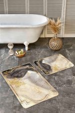 - Realhomes - Realhomes 2'li Set Gold Zeminde Çerçeveli Motifli Mermer Desenli Klasik Avangarde 2'li Banyo & Mutfak Paspas Takımı Realhomes