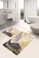 - PaspasTakimi-2li-Set1076-Gorsel-4 - Realhomes 2'li Set Gold Zeminde Çerçeveli Motifli Mermer Desenli Klasik Avangarde 2'li Banyo & Mutfak Paspas Takımı Realhomes