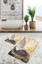 - PaspasTakimi-2li-Set1076-Gorsel-5 - Realhomes 2'li Set Gold Zeminde Çerçeveli Motifli Mermer Desenli Klasik Avangarde 2'li Banyo & Mutfak Paspas Takımı Realhomes