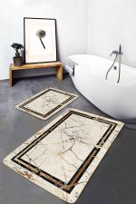 - PaspasTakimi-2li-Set1077-Gorsel-1 - Realhomes  2'li Set Gold - Krem Zeminde Çerçeveli Motifli Mermer Desenli Avangarde Klasik  2'li Banyo & Mutfak Paspas Takımı Realhomes