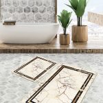 2'li Set Gold - Lacivert Zeminde Geometrik Motifli Morrocan Desenli Geometrik  2'li Banyo & Mutfak Paspas Takımı Realhomes