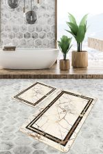 - PaspasTakimi-2li-Set1077-Gorsel - Realhomes  2'li Set Gold - Krem Zeminde Çerçeveli Motifli Mermer Desenli Avangarde Klasik  2'li Banyo & Mutfak Paspas Takımı Realhomes